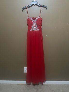B Darlin Red Beaded Spaghetti Strap Prom Dress